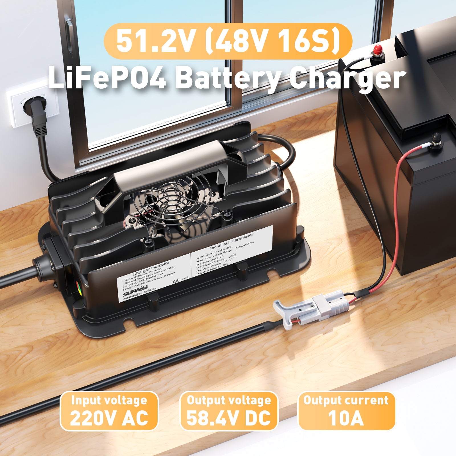 Suraziki 51.2V(48V 16S) LiFePO4 Battery Charger, 58.4V 10A Waterproof Lithium Charger, 0V BMS Activation, Automatic Cut Off