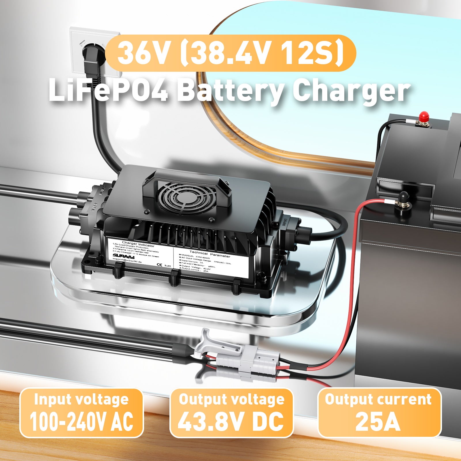 Suraziki 36V (38,4V 12S) LiFePO4-Batterieladegerät, 43,8V 25A wasserdichter Lithium-Ladegerät, 0V BMS-Aktivierung, für Golfwagen, Elektromotoren