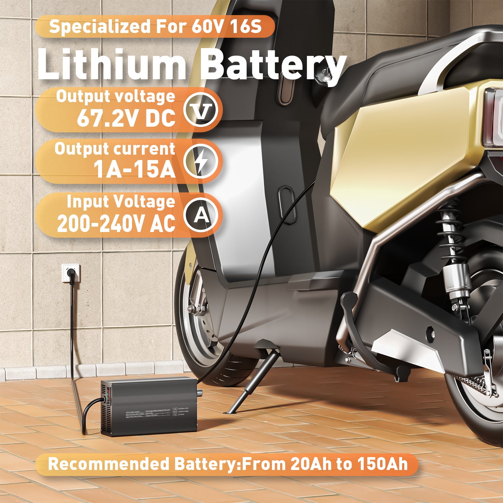 Suraziki 67,2V 1-15A Stromverstellbarer Lithium-Batterieladegerät für 16S 59,2V Li-Ion/Ternäre Lithium/Polymer-Batterien, E-Bike Scooter Batterieladegerät