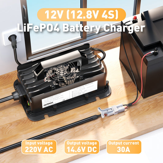 Suraziki 12V LiFePO4-Batterieladegerät, 14,6V 30A wasserdichtes Lithium-Ladegerät, 0V BMS-Aktivierung