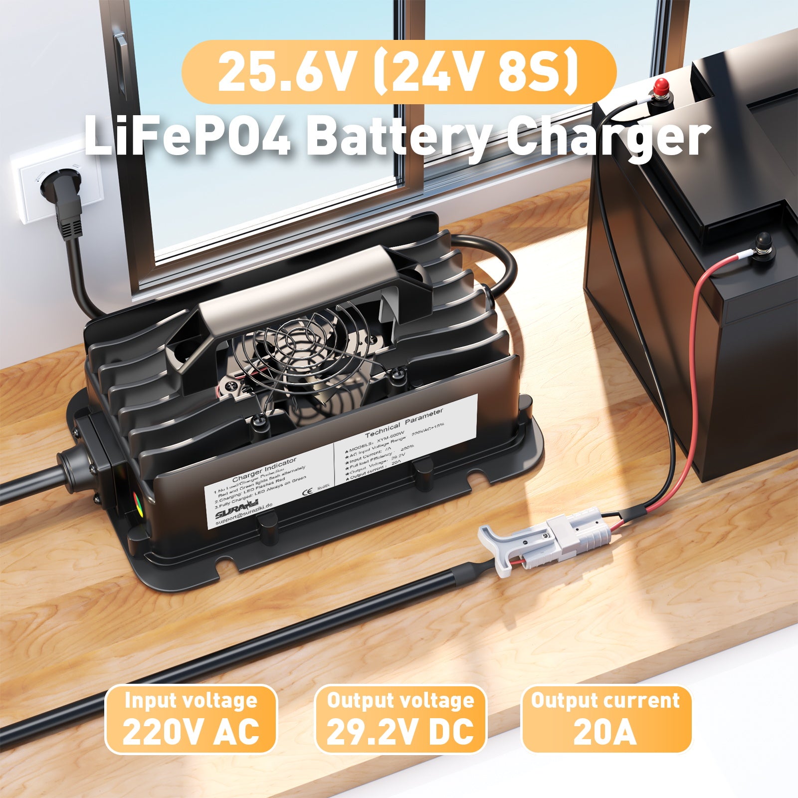 Suraziki 24V LiFePO4 Battery Charger, 29.2V 20A Waterproof Lithium Charger with 0V BMS Activation