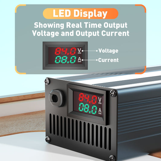 Suraziki 84V 1-8A stromverstellbares Lithium-Batterieladegerät für 20S 74 V 72 V Li-Ionen/ternären Lithium/Polymer-Akku, Ebike Scooter Elektromotorrad Akkuladegerät