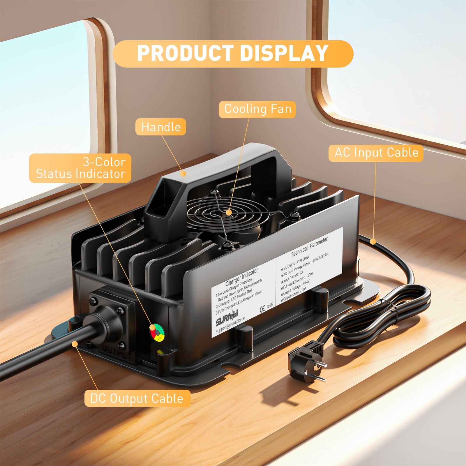 Suraziki 51.2V(48V 16S) LiFePO4 Battery Charger, 58.4V 10A Waterproof Lithium Charger, 0V BMS Activation, Automatic Cut Off