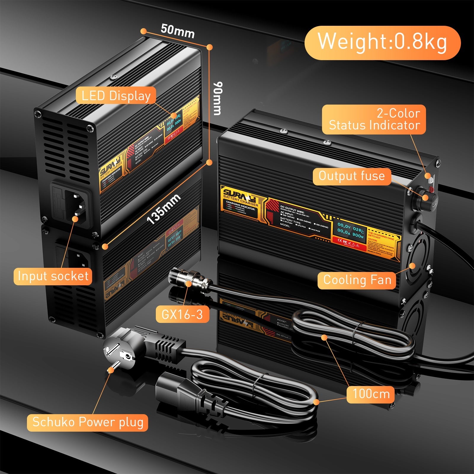 Suraziki Lithium 63 V 3 A Batterieladegerät für 55,5 V Lithium-Ionen-Polymerbatterien, LED-Anzeige, vollständiger Schutz, Gehäuse aus Aluminiumlegierung