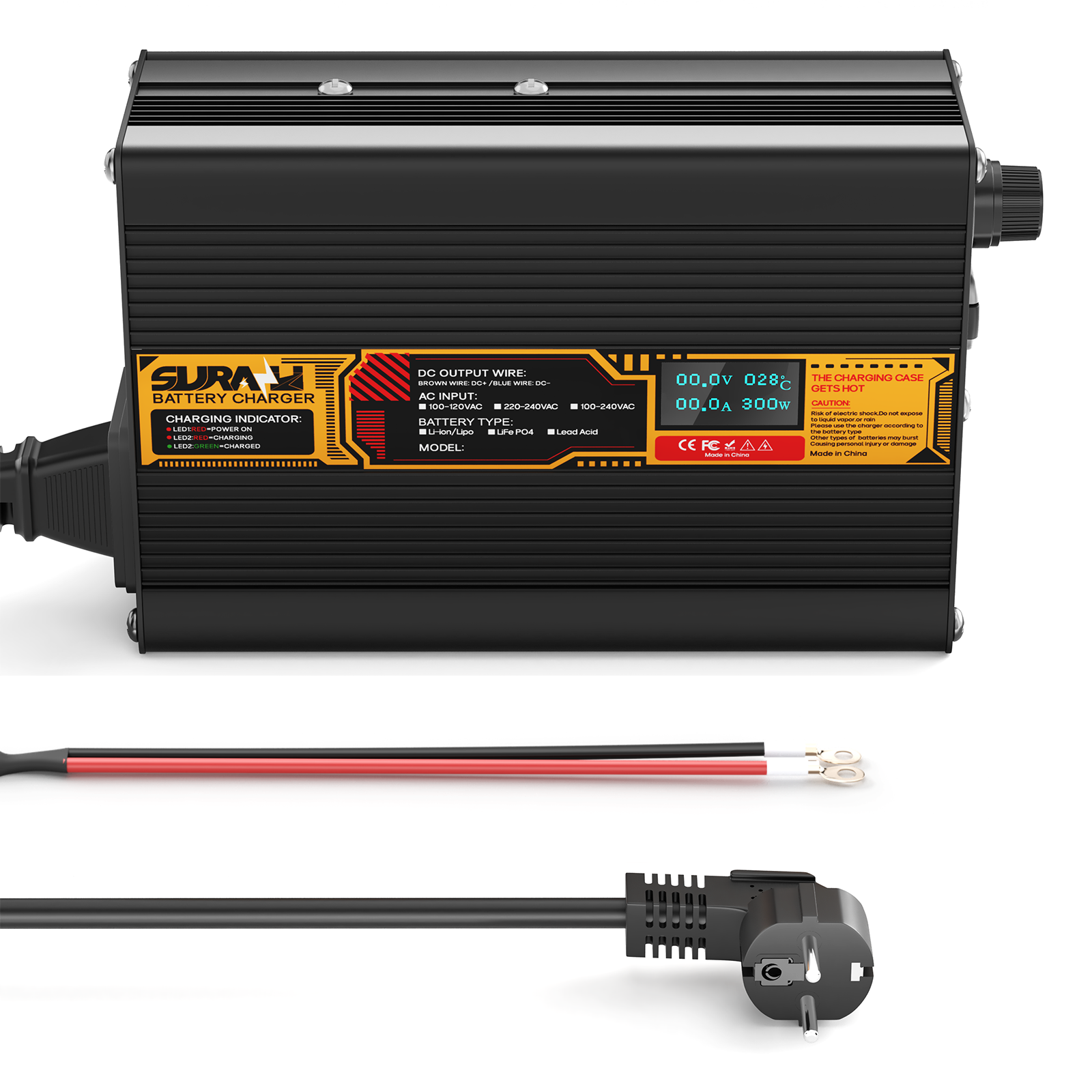 Suraziki Lithium 42 V 6 A Batterieladegerät für 37 V 36 V Lithium-Ionen-Polymerbatterien, LED-Anzeige, vollständiger Schutz, Gehäuse aus Aluminiumlegierung