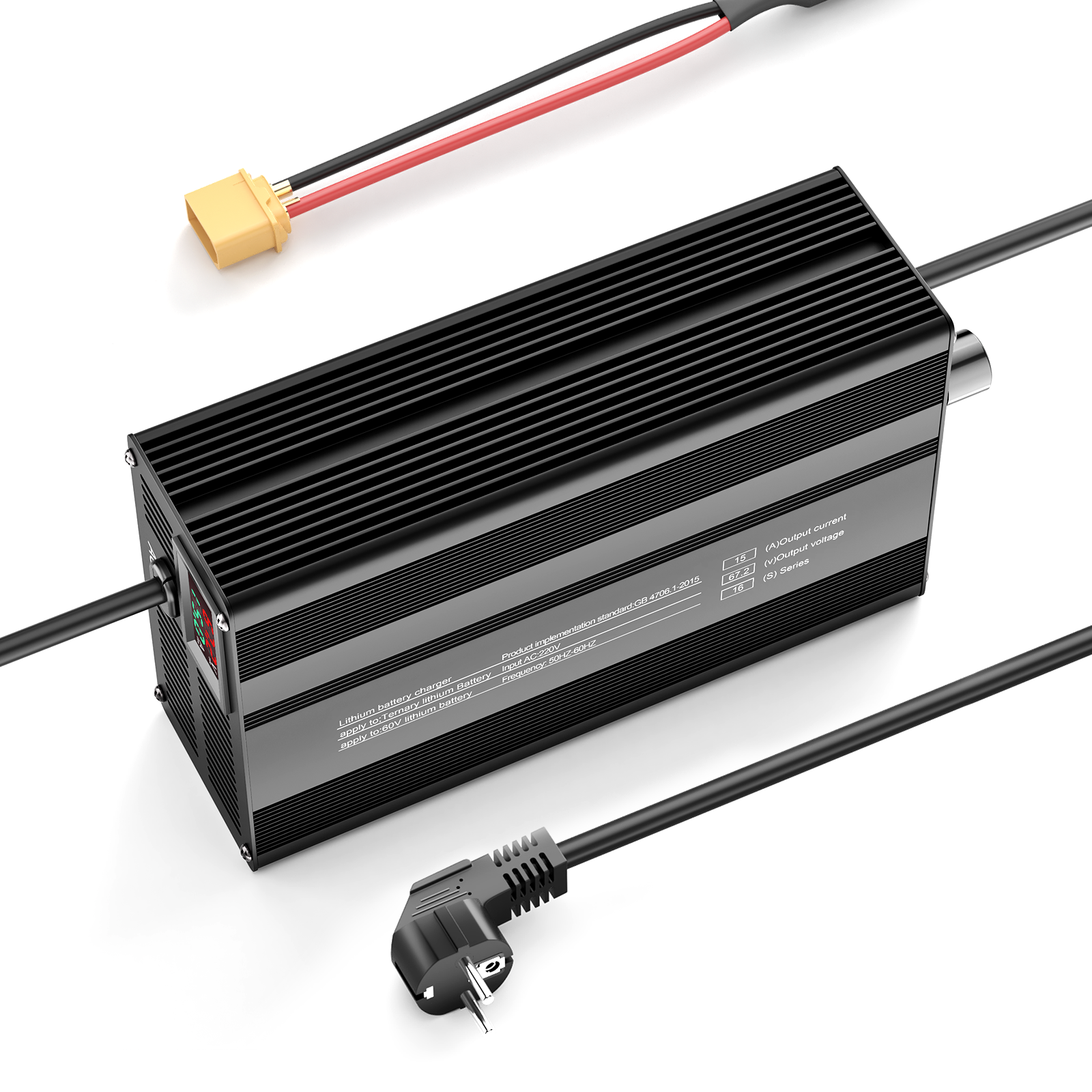 Suraziki 67,2V 1-15A Stromverstellbarer Lithium-Batterieladegerät für 16S 59,2V Li-Ion/Ternäre Lithium/Polymer-Batterien, E-Bike Scooter Batterieladegerät