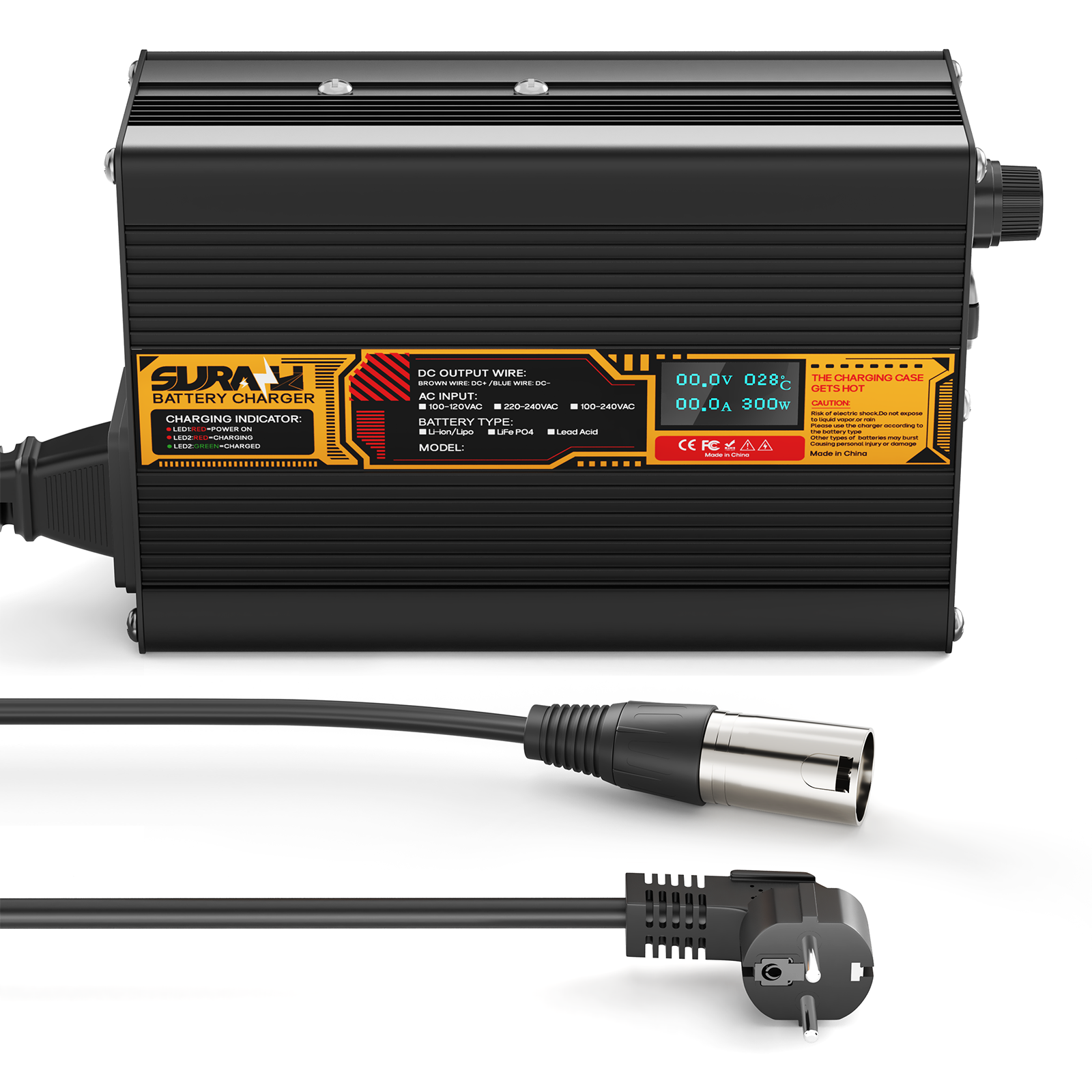 Suraziki Lithium 42 V 6 A Batterieladegerät für 37 V 36 V Lithium-Ionen-Polymerbatterien, LED-Anzeige, vollständiger Schutz, Gehäuse aus Aluminiumlegierung