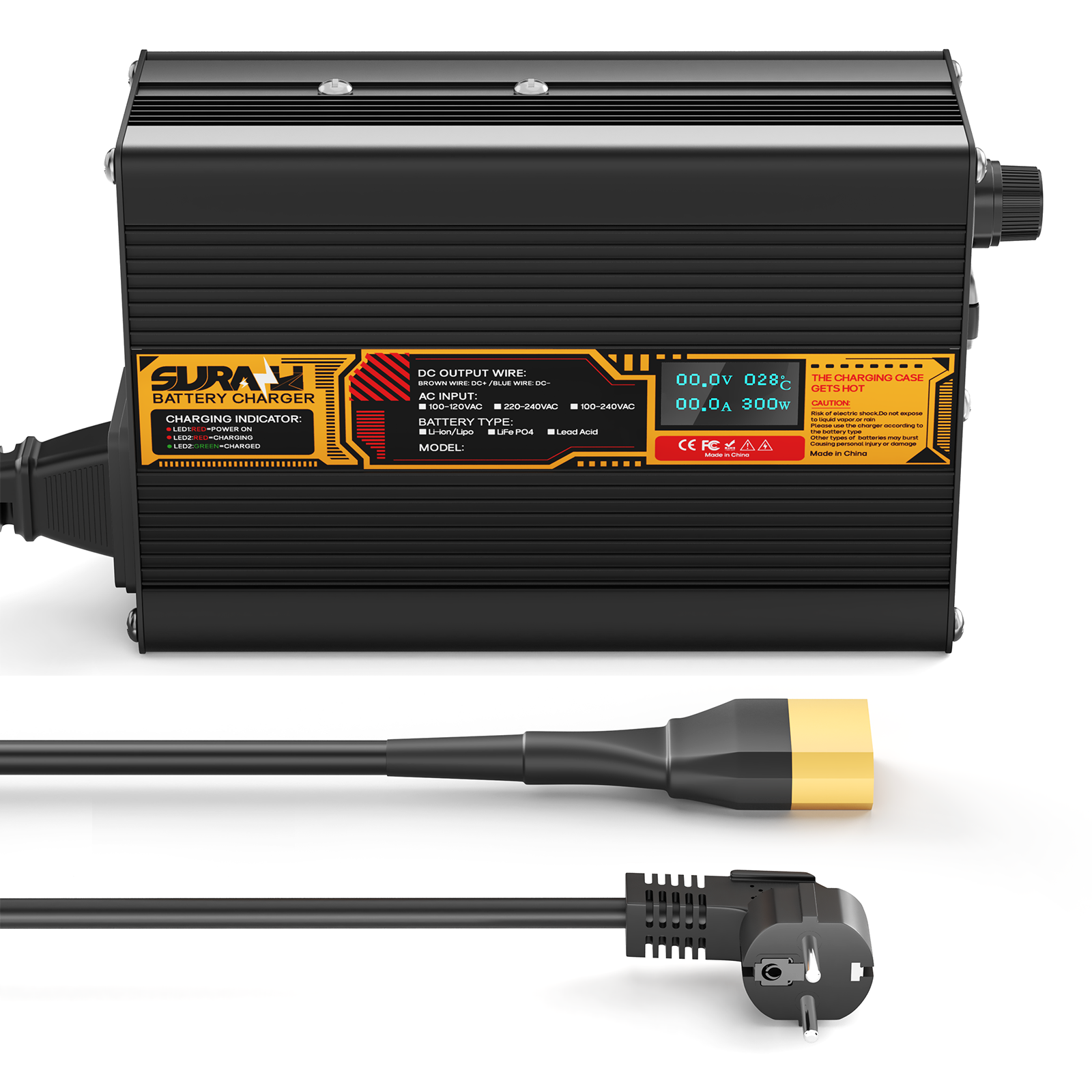 Suraziki Lithium 42 V 6 A Batterieladegerät für 37 V 36 V Lithium-Ionen-Polymerbatterien, LED-Anzeige, vollständiger Schutz, Gehäuse aus Aluminiumlegierung