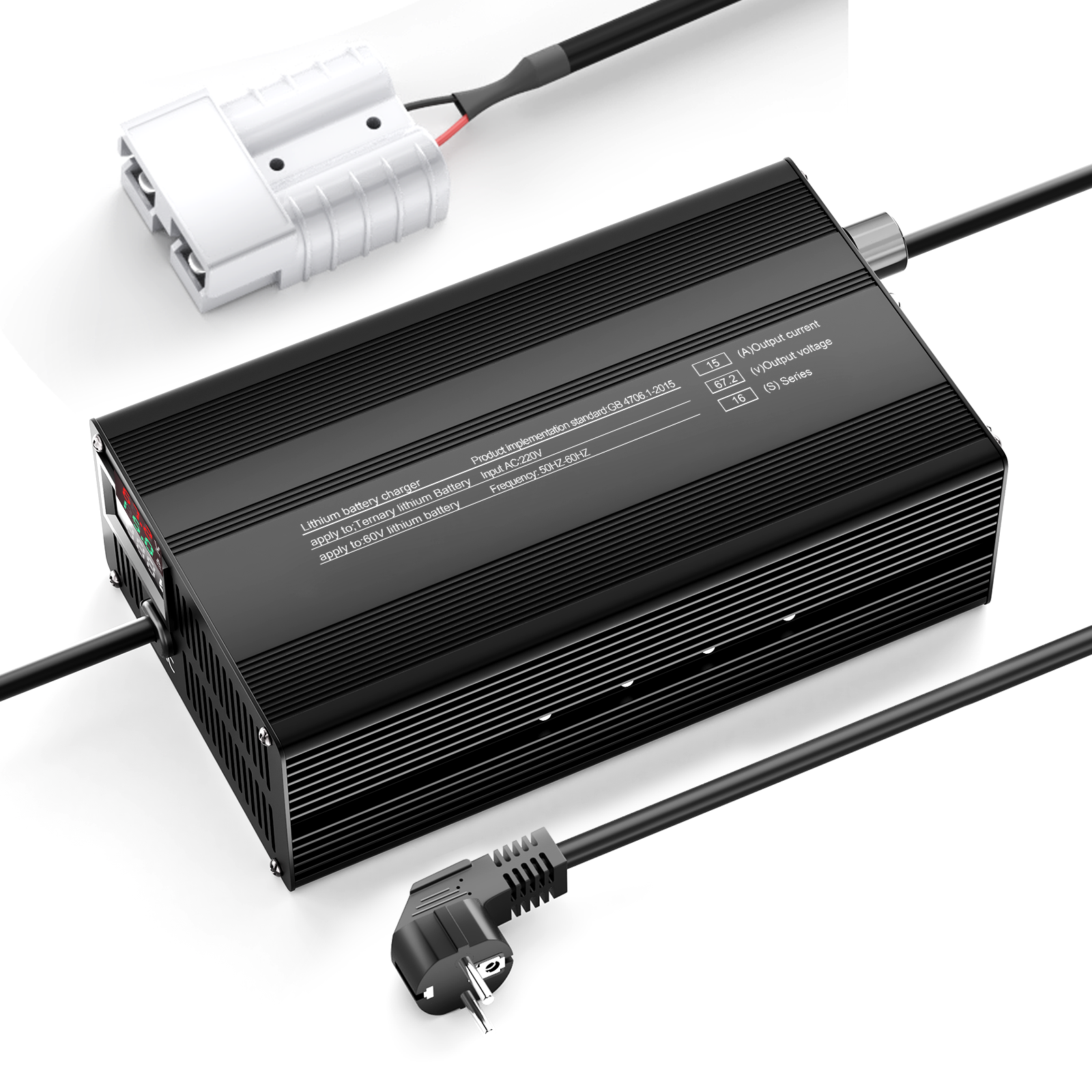 Suraziki 67,2V 1-15A Stromverstellbarer Lithium-Batterieladegerät für 16S 59,2V Li-Ion/Ternäre Lithium/Polymer-Batterien, E-Bike Scooter Batterieladegerät
