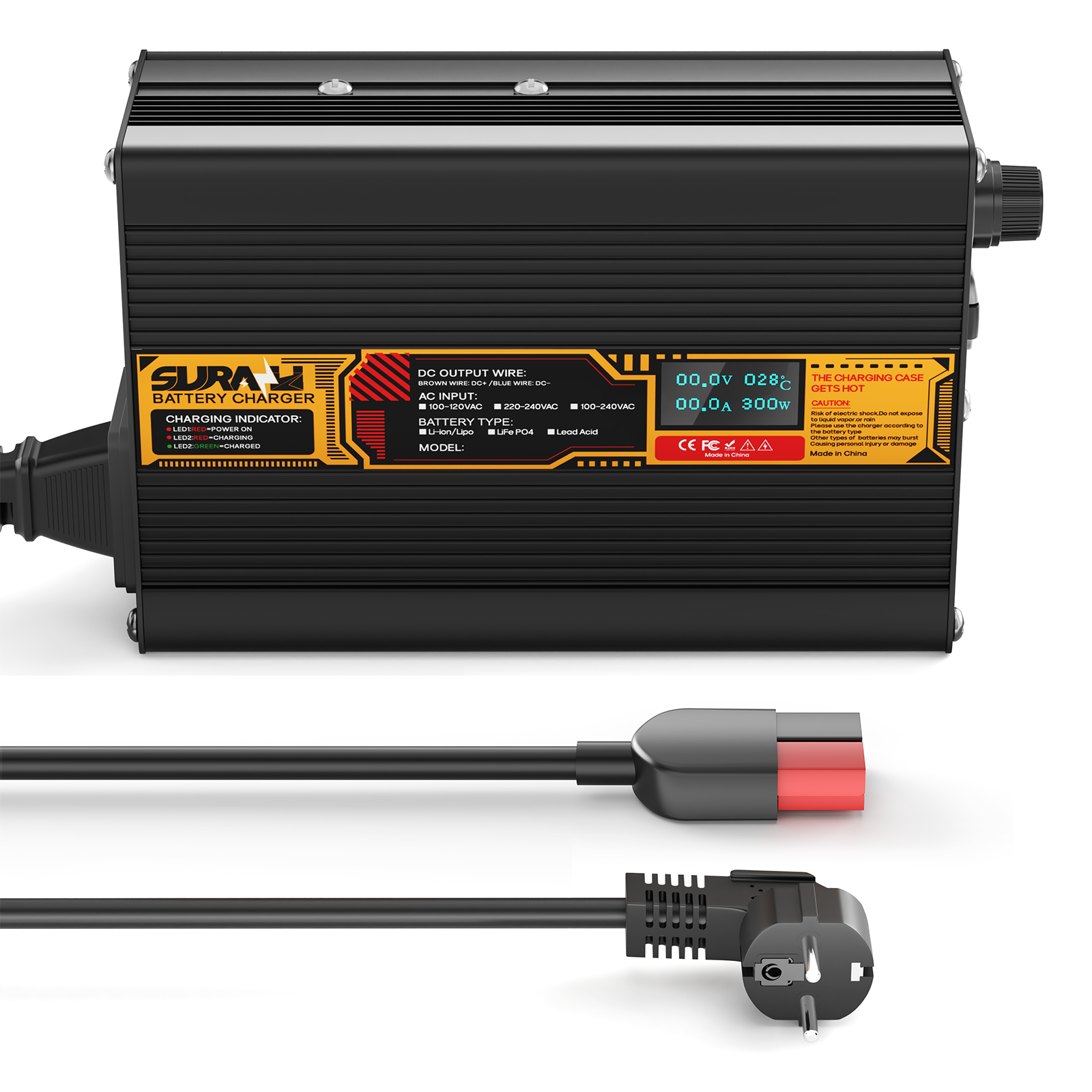 Suraziki Lithium 42 V 6 A Batterieladegerät für 37 V 36 V Lithium-Ionen-Polymerbatterien, LED-Anzeige, vollständiger Schutz, Gehäuse aus Aluminiumlegierung