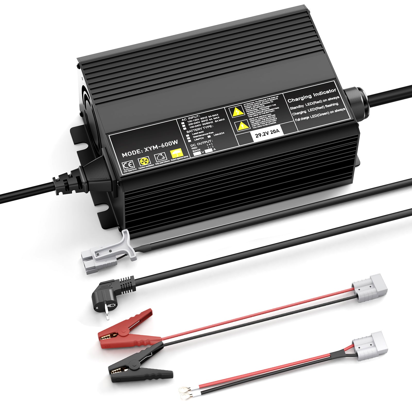 29,2 V 20 A LiFePO4-Batterieladegerät für 25,6 (24 V) Batterien, 0 V BMS-Aktivierung, entwickelt für Trolling-Motoren, Angeln und Camping