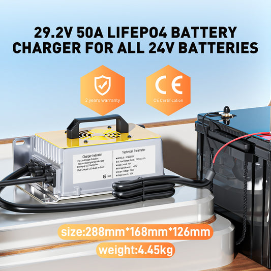 25,6 V (24 V) LiFePO4-Batterieladegerät, 29,2 V 50 A wasserdichtes Lithium-Ladegerät mit 0 V BMS-Aktivierung, Schnellladegerät für 100 Ah Wohnmobil-, Boots- und Solarbatterien
