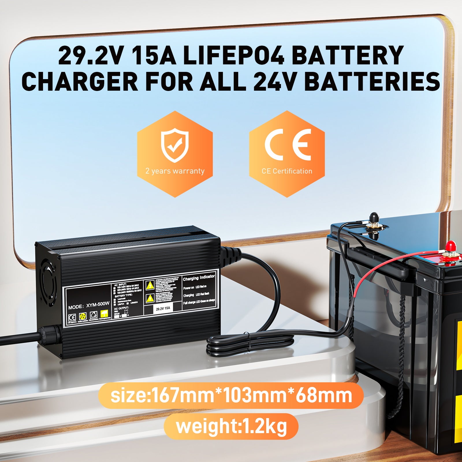 Suraziki 29,2 V 15 A LiFePO4-Batterieladegerät für 25,6 V (24 V) 8S Batterien – Wasserdicht, 0-V-BMS-Aktivierung, automatische Abschaltung, ideal für Golfwagen, Wohnmobile und elektrische Angelmotoren