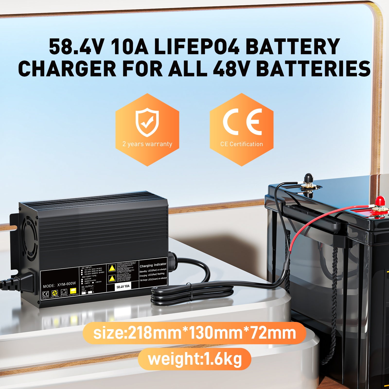 58,4 V 10 A Ladegerät für 51,2 V (48 V) 16S LiFePO4 Batterie 0V Aktivierung, automatische Abschaltung