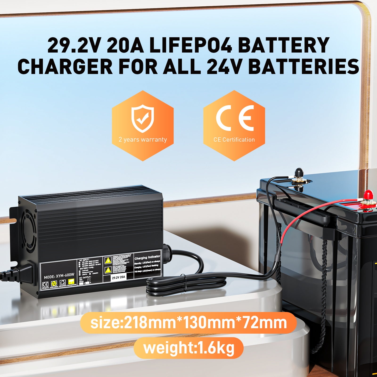 29,2 V 20 A LiFePO4-Batterieladegerät für 25,6 (24 V) Batterien, 0 V BMS-Aktivierung, entwickelt für Trolling-Motoren, Angeln und Camping