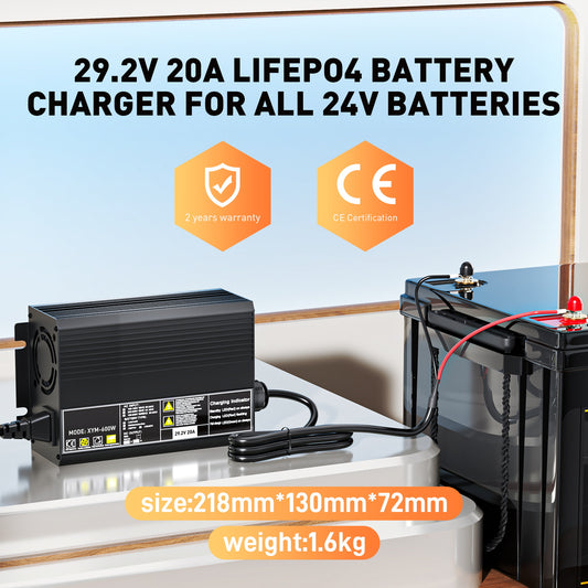 29,2 V 20 A LiFePO4-Batterieladegerät für 25,6 (24 V) Batterien, 0 V BMS-Aktivierung, entwickelt für Trolling-Motoren, Angeln und Camping