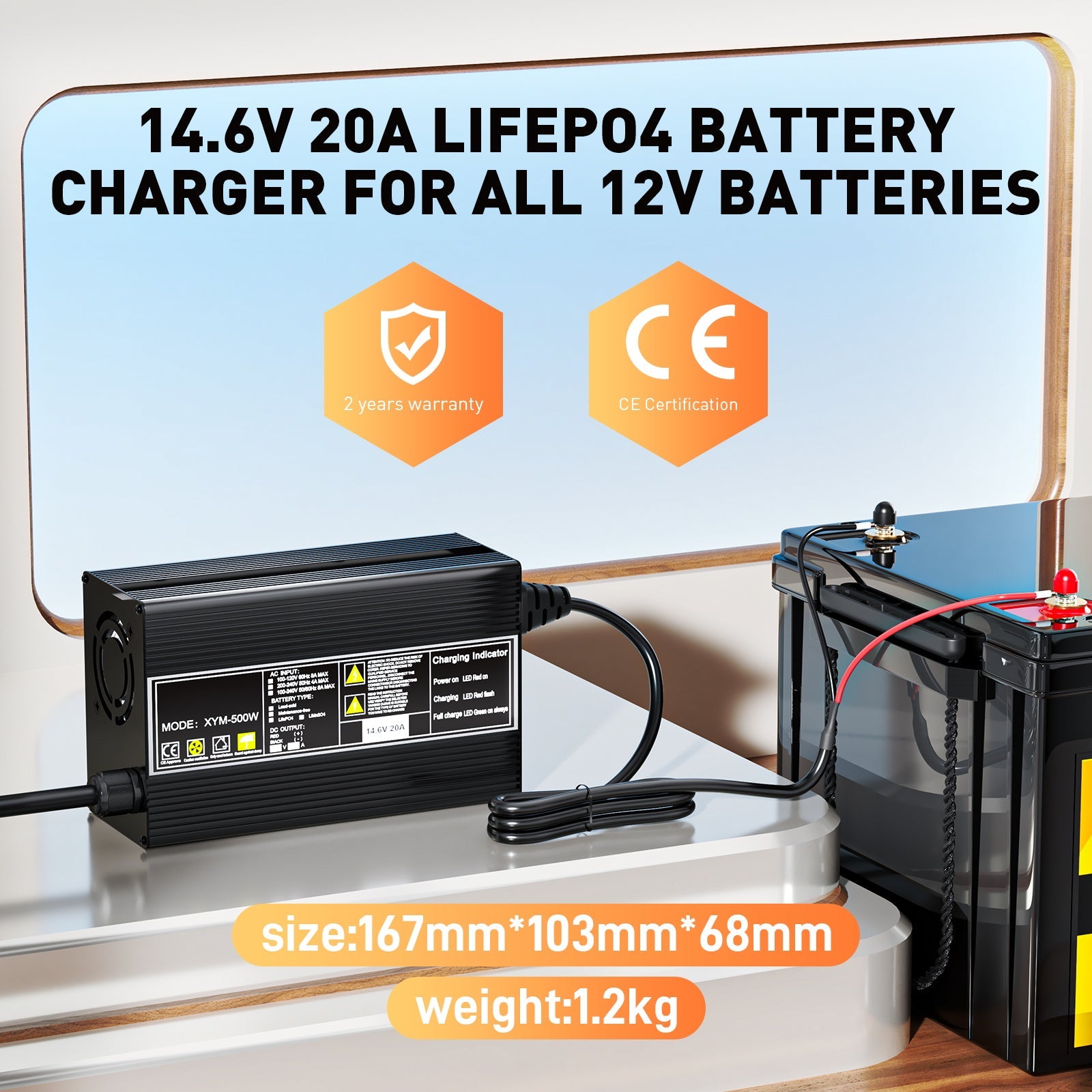 12 V 20 A LiFePO4-Batterieladegerät, Ladespannung 14,6 V, 0 V BMS-Aktivierung, mit Anderson 50 A-Schnellladeanschluss