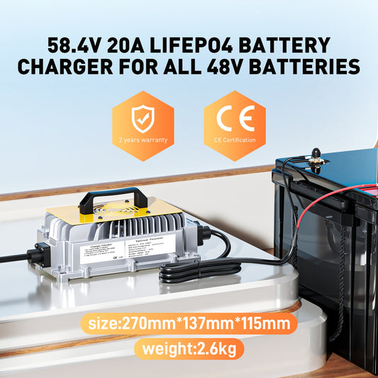 58,4 V 20 A LiFePO4-Ladegerät für 48 V 16S Lithiumbatterien kompatibel mit 51,2-V-Systemen mit 90 % Wirkungsgrad und intelligenter Schutzfunktion