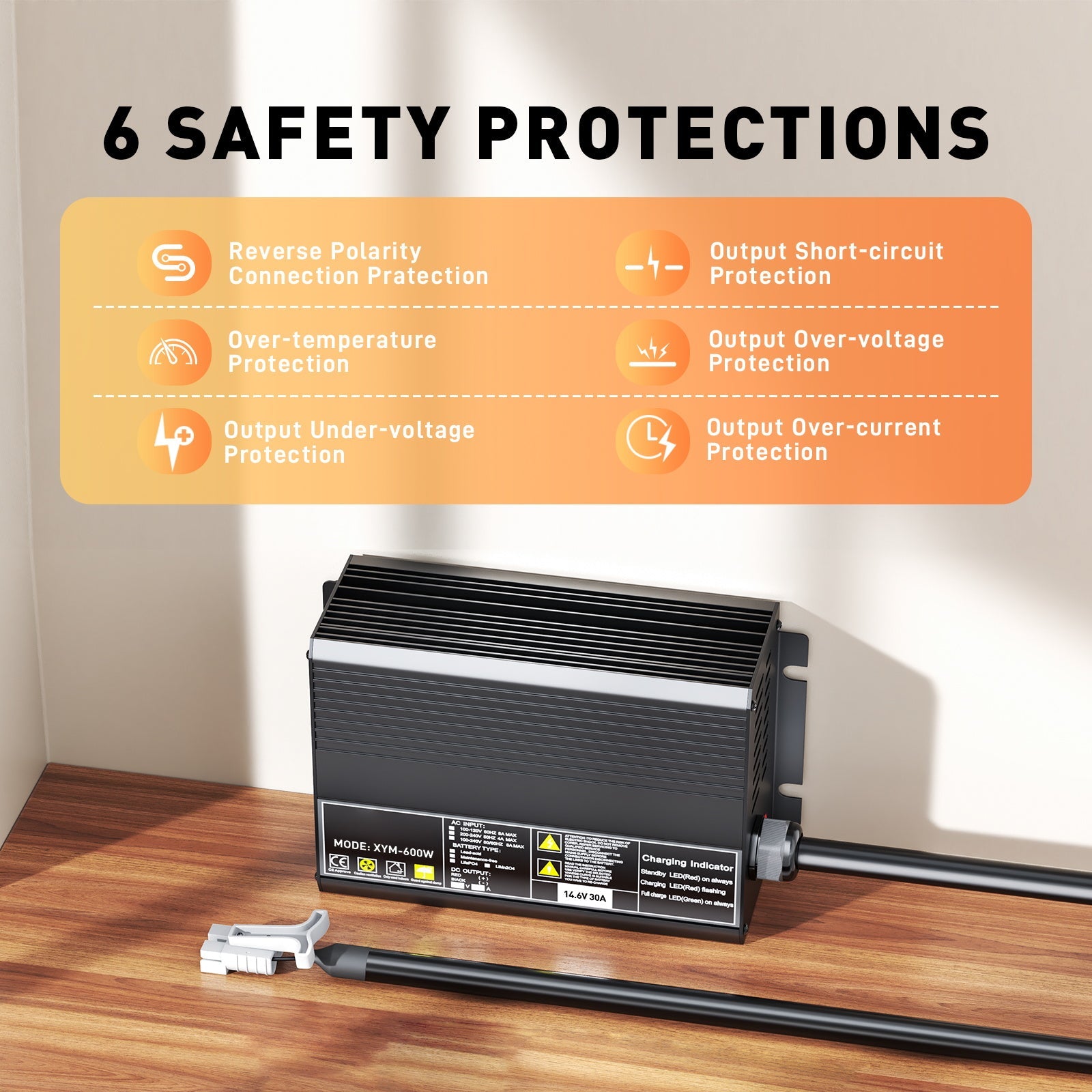 12V 30A LiFePO4-Batterieladegerät, Ladespannung 14,6V, 0V BMS aktivieren, automatische Abschaltung, mit Anderson 50A Schnellladeanschluss