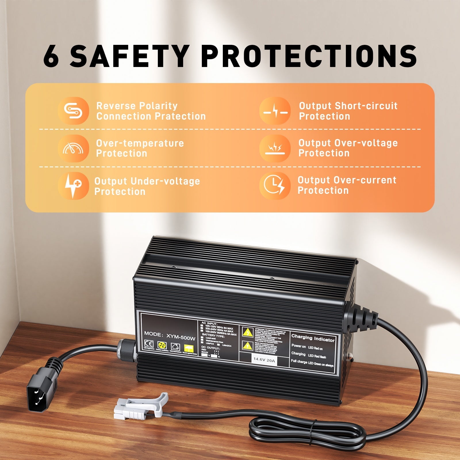 12 V 20 A LiFePO4-Batterieladegerät, Ladespannung 14,6 V, 0 V BMS-Aktivierung, mit Anderson 50 A-Schnellladeanschluss